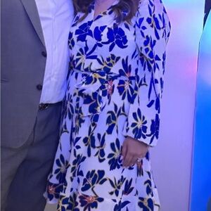 Taylor Blue and White Fit and Flare Dress with Bishop Sleeves